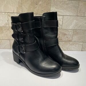 Relativity RE-BARTON Black Faux Leather Triple Buckle Moto Ankle Boots 8.5M